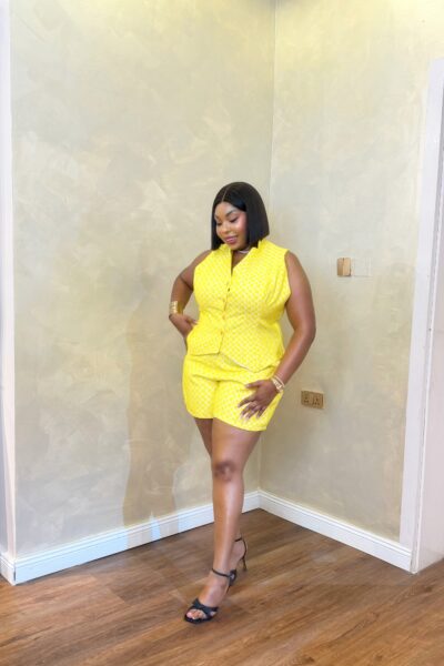 Diego Set – Stylish yellow women's two-piece co-ord featuring a sleeveless tailored top and matching shorts