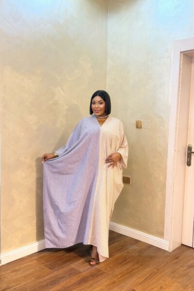 Check Boubou – Elegant blue and white striped maxi boubou dress with a flowing silhouette and V-neck design for women.