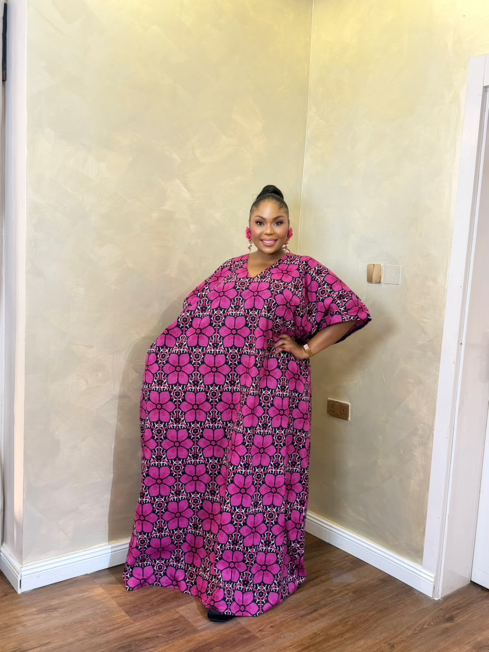 Long Ankara Bubu Dress | Pink Floral African Print Bubu - Image 2