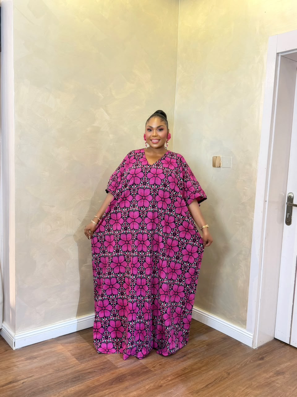 Long Ankara Bubu Dress | Pink Floral African Print Bubu