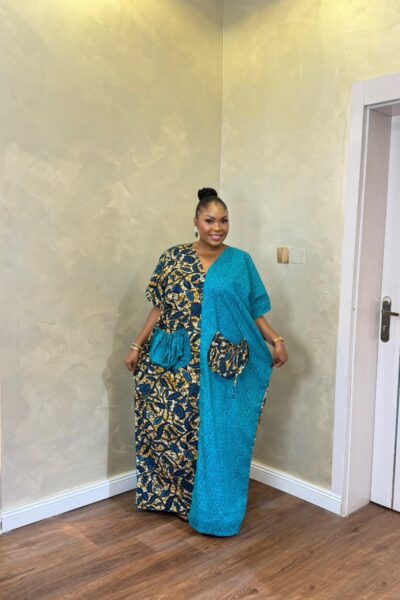 Elegant teal and Ankara print long Bubu dress with statement bow back