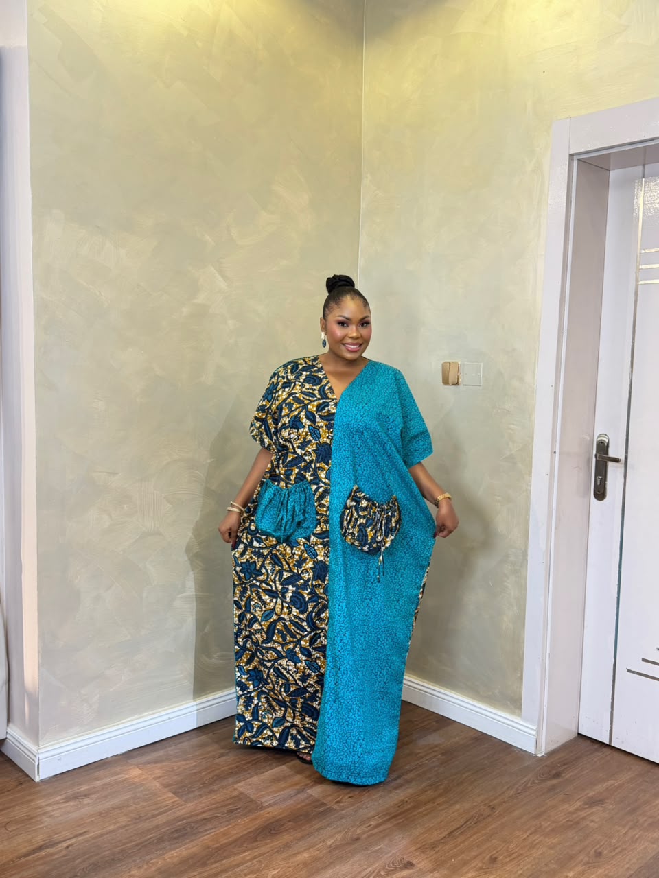 Elegant teal and Ankara print long Bubu dress with statement bow back