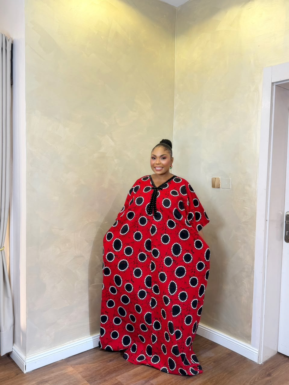 Red long Bubu dress with black and white African print