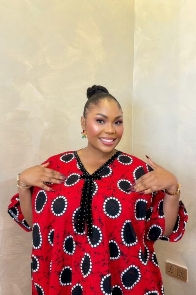 Red long Bubu dress with black and white African print