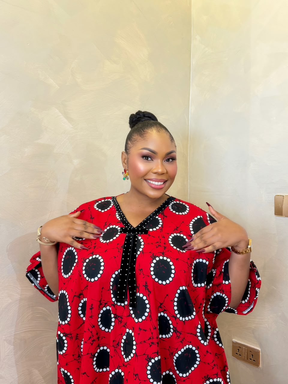 Red long Bubu dress with black and white African print