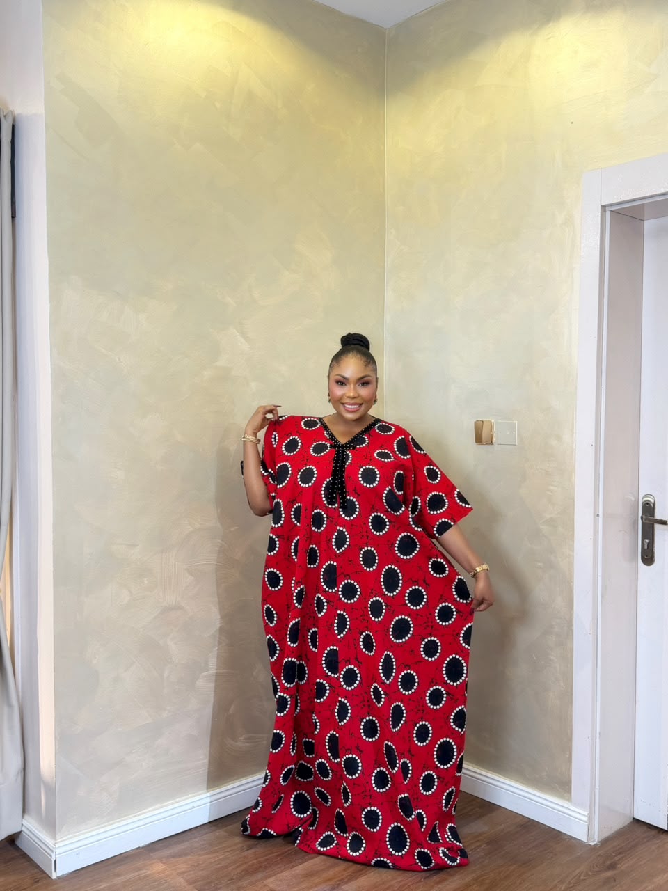 Red long Bubu dress with black and white African print