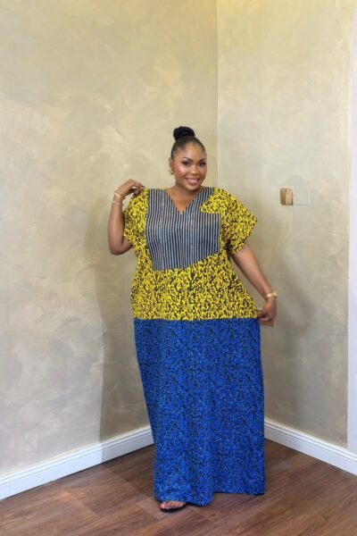 Blue and yellow long Bubu dress with striped African print bodice