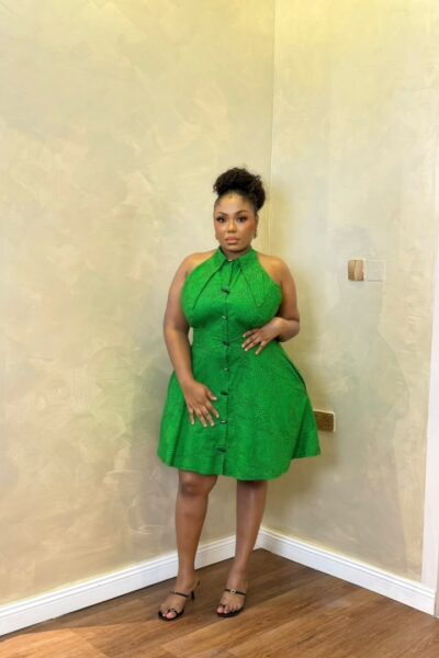 Green Halter Neck Dress | Fit & Flare Button-Front Dress